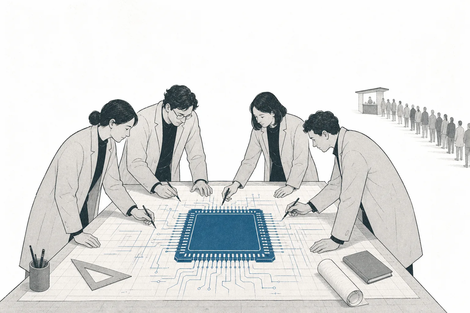 4社のクラウド大手が設計テーブルを囲んで立ち、中央にある大きな四角いチップの設計図を一緒に描いている。1軒の店で出来合いのチップを買う列に並ぶのではなく、大口顧客が自分でチップを設計しはじめたことを表している