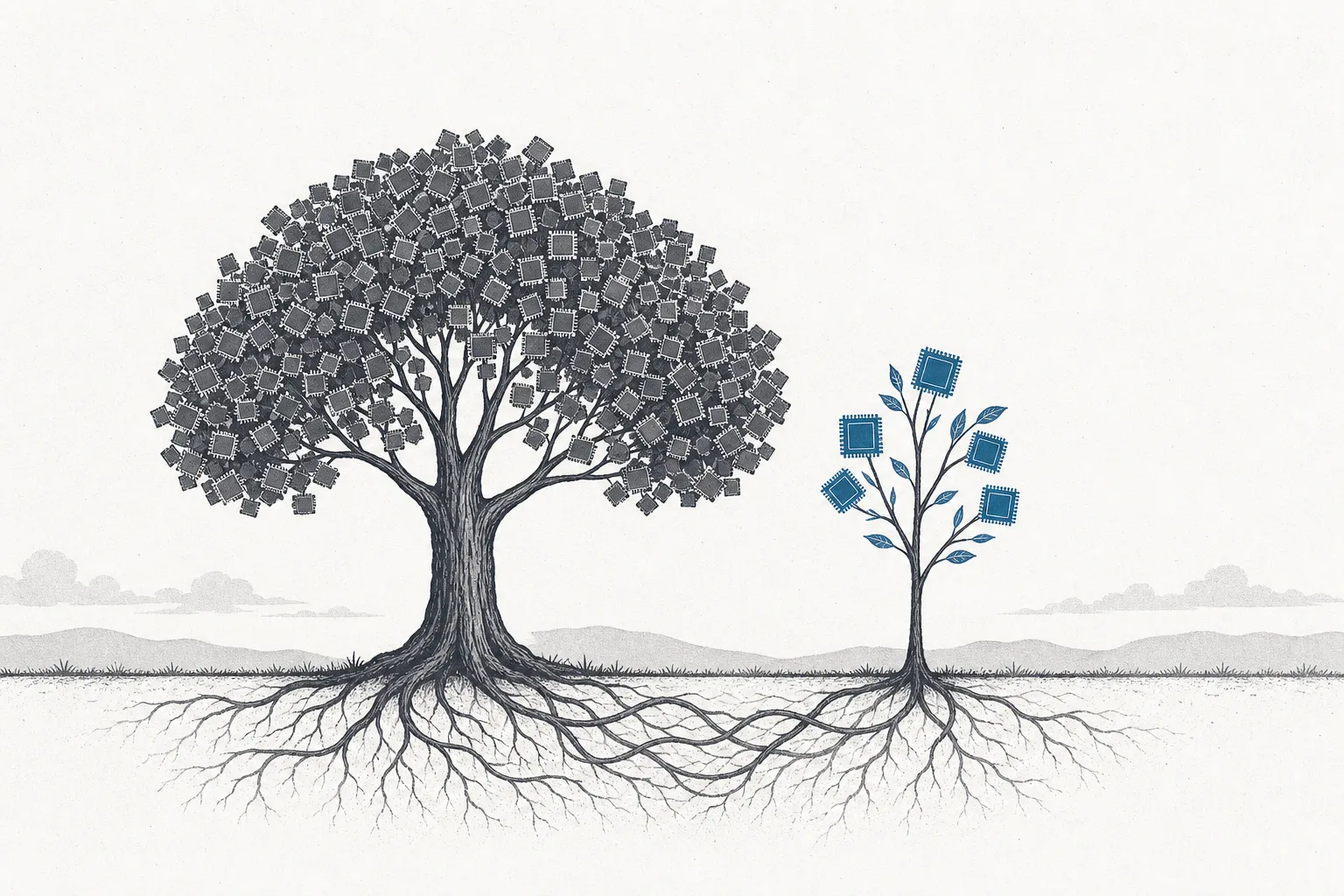 小さな特注チップの苗が、もとからある大きな GPU の木のそばで育って木になりつつある。自社設計のチップが、出来合いのチップを置き換えるのではなく、そのそばで少しずつ育っていくことを表している