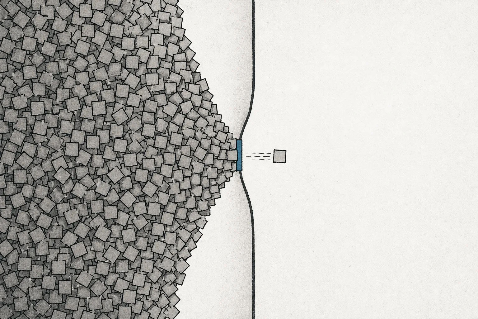 A giant water pipe with a tiny pinch point in the middle. A huge number of GPU chips wait packed in line on one side, trying to slip through the narrow opening one at a time, representing massive AI-chip demand stuck at a single assembly bottleneck.