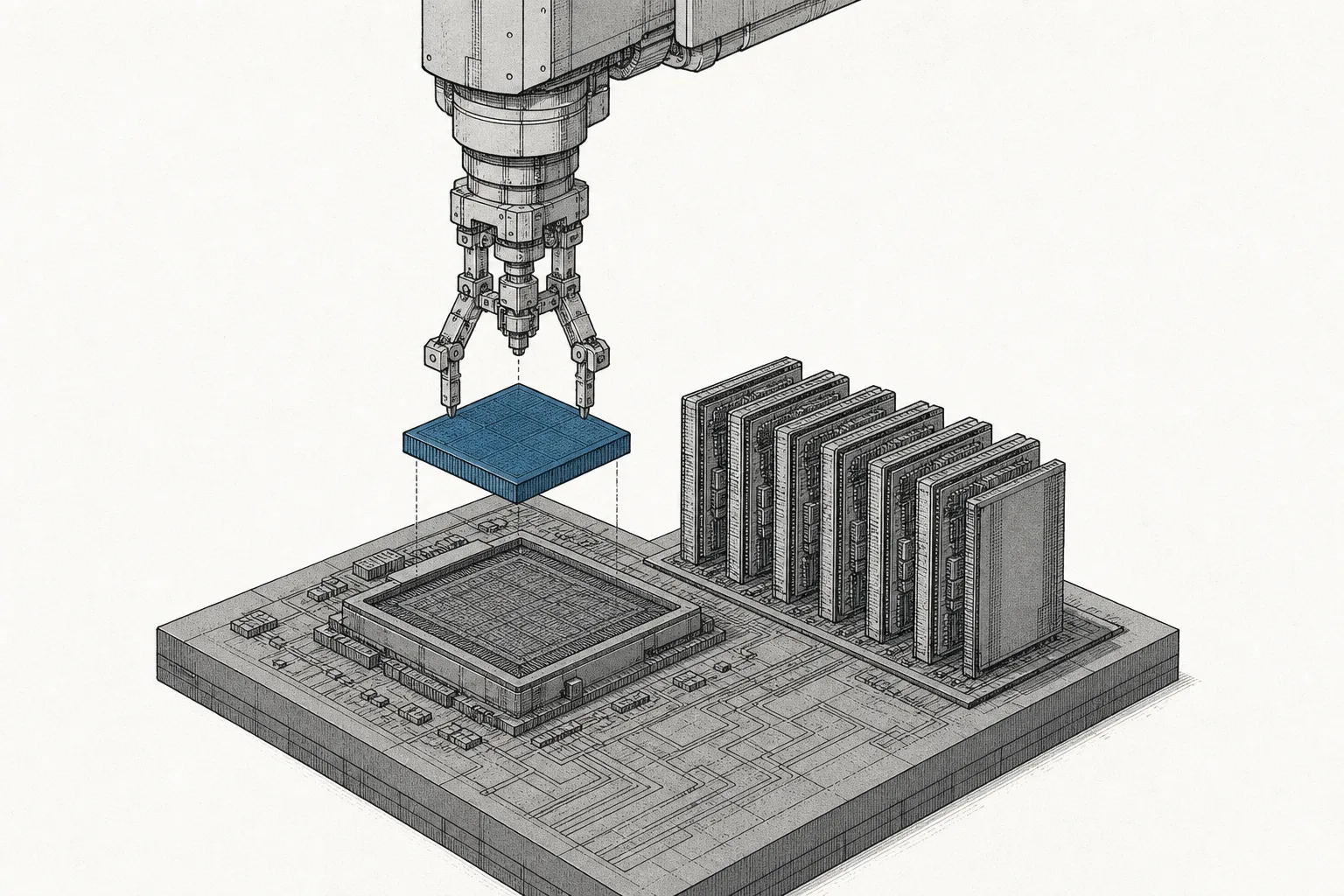 A large round silicon wafer sits at the center of the image. A GPU chip and several stacks of HBM memory are placed close together on a thin carrier, like parts being assembled into a single piece. A robotic arm gently places each piece down with precision.