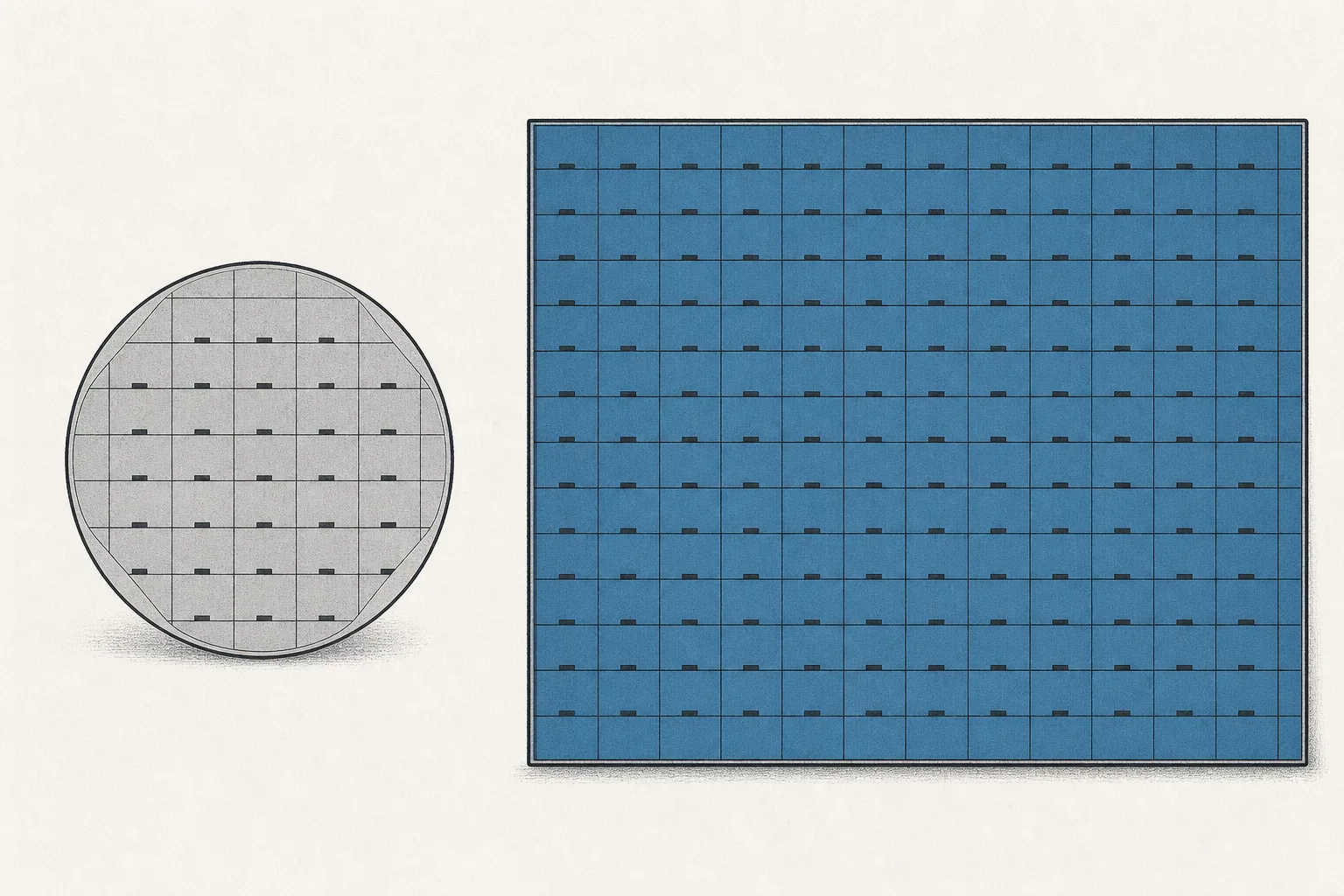 A small round wafer sits next to a much larger square panel. The square panel has slots for assembling chips arranged neatly across its whole surface, representing the shift from round-wafer assembly to larger, more cost-effective square panels.