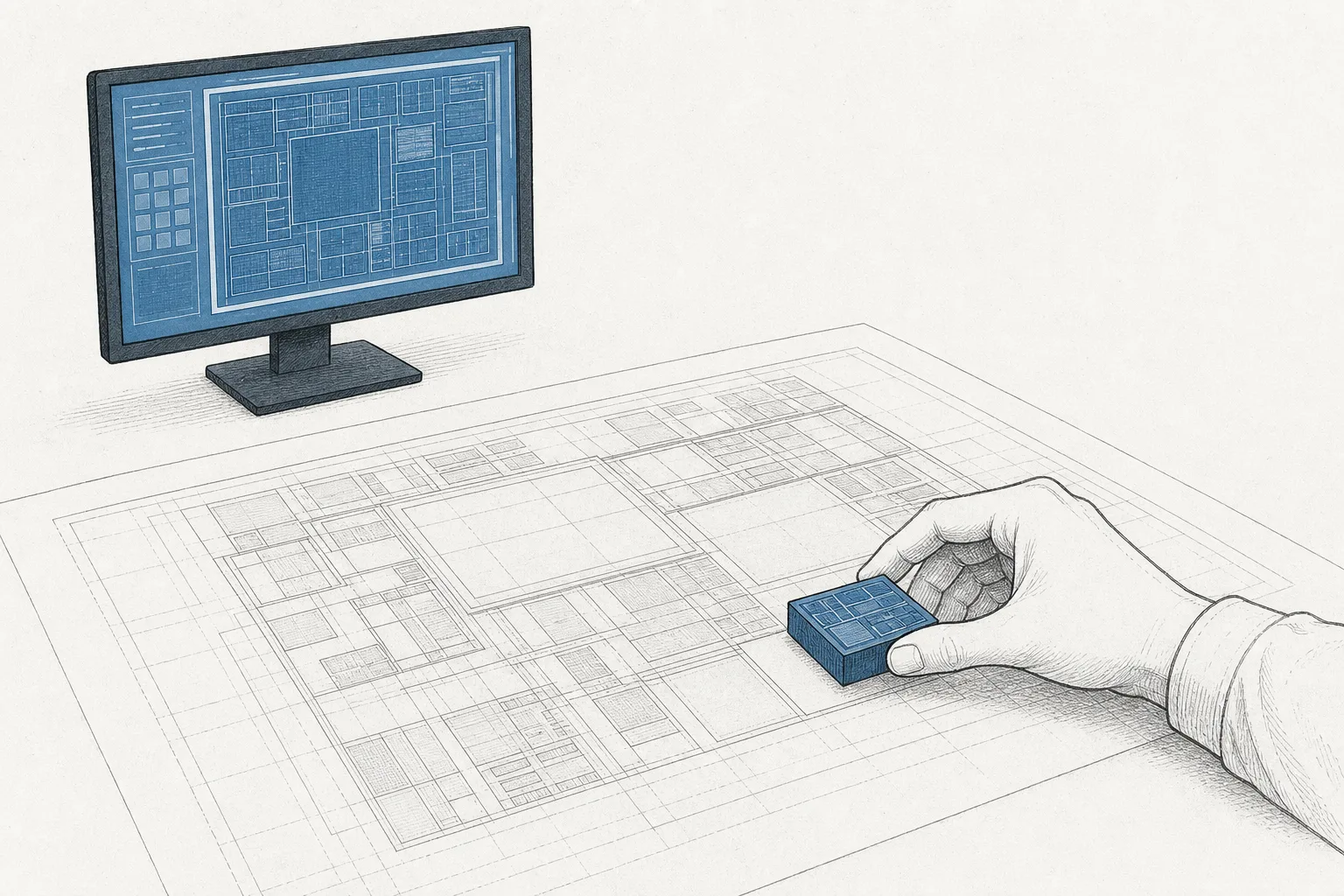 A large architect's table with a chip blueprint spread out. One hand places a ready-made block onto the design, while a glowing design-software screen sits on the other side. It conveys that every chip starts from a design and tools before becoming real silicon.