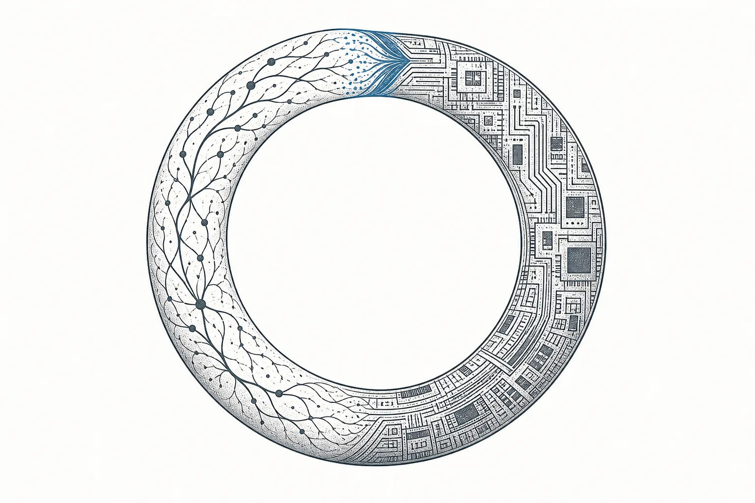 A circle of a snake biting its own tail. One side is an AI brain, the other a chip circuit diagram — conveying that AI is used to design chips, and those chips are used to run AI, looping endlessly.