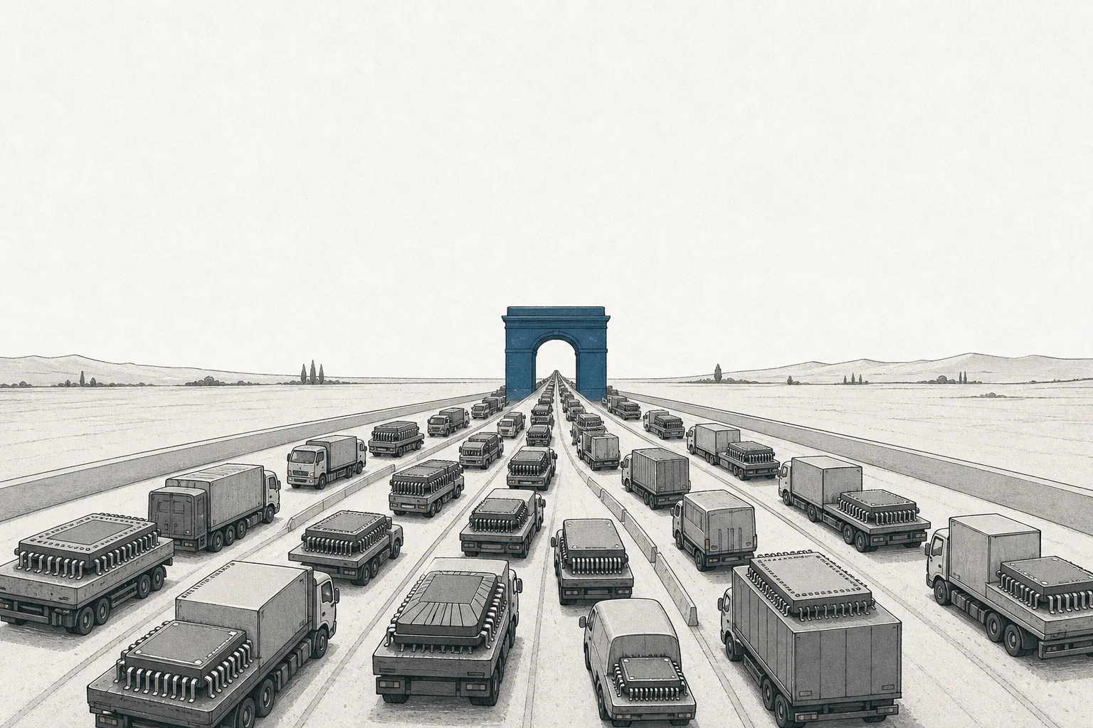 A single narrow tollgate with a long line of trucks carrying chips from many different camps passing through it. It conveys that no matter which camp a chip belongs to, every truck must pass through the same one gate first.