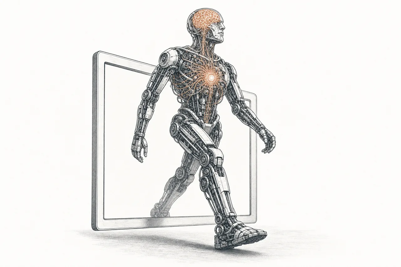中身が見えるよう断面にしたロボット——身体の半分はギアとモーターの機構、もう半分は光る頭脳の回路。画面の枠から現実の地面へ踏み出している