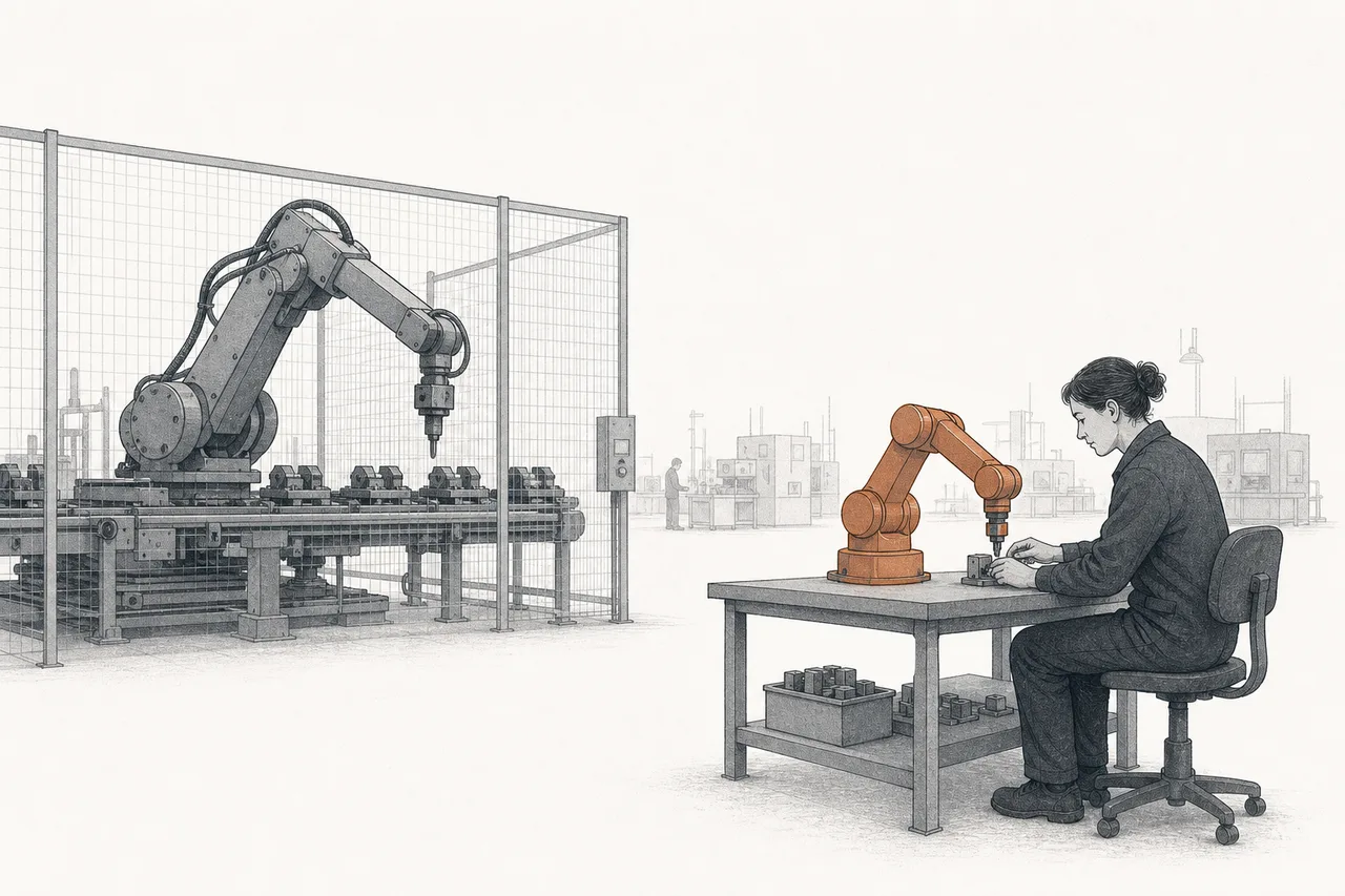 工場の広い床を写した一枚。大きな産業用ロボットアームが安全柵の奥で高速に動き、その手前では小型のロボットアームが同じ作業台で作業員のすぐ隣で静かに動いている