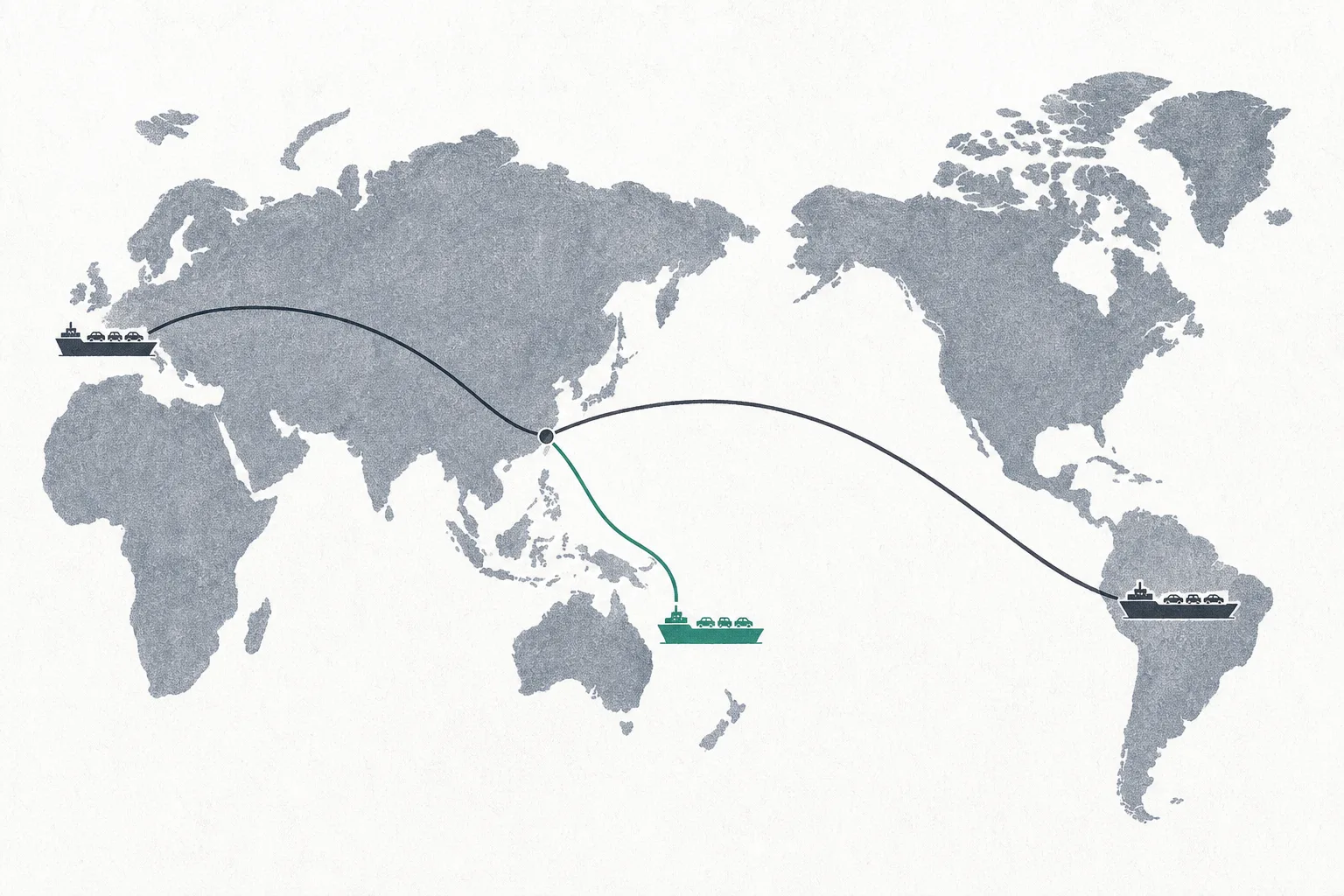 แผนที่โลกที่มีเส้นทางเรือบรรทุกรถยนต์แล่นออกจากจีนไปยังยุโรป เอเชียตะวันออกเฉียงใต้ และละตินอเมริกา