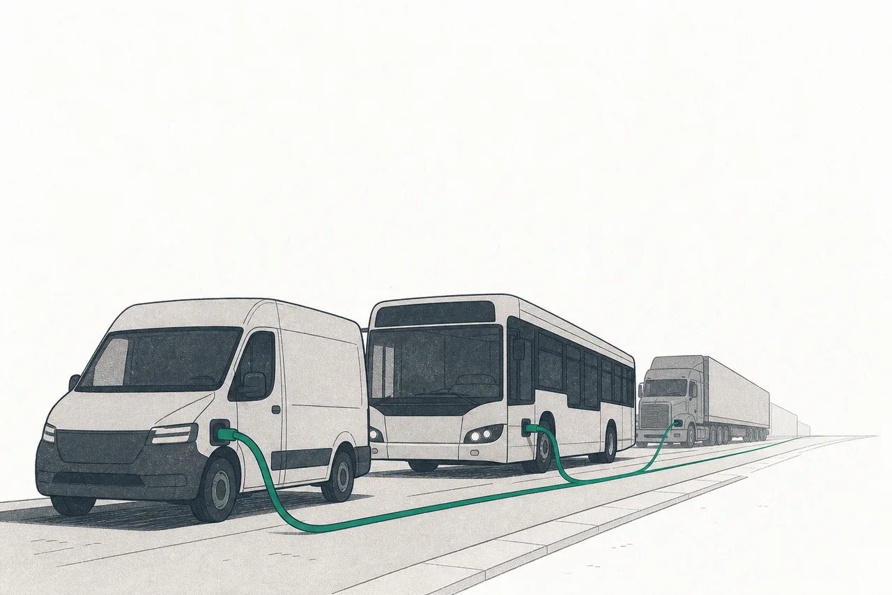 電動の商用車の隊列。市内バス、宅配バン、大型トラックが道路に並び、エネルギーの経路でつながっている