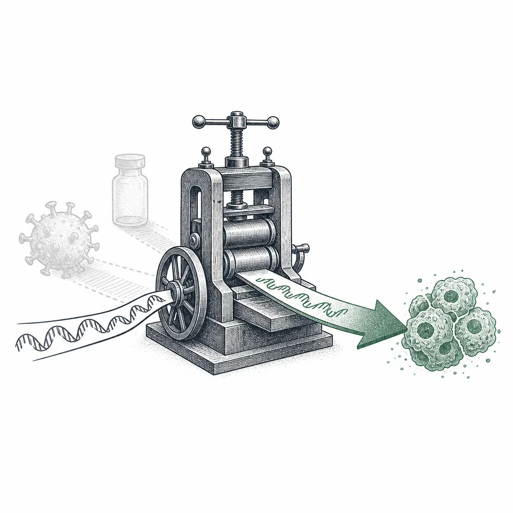 かつてコロナワクチンを作っていた mRNA プラットフォームが、いま新しい標的——がん細胞——に照準を合わせ直している様子