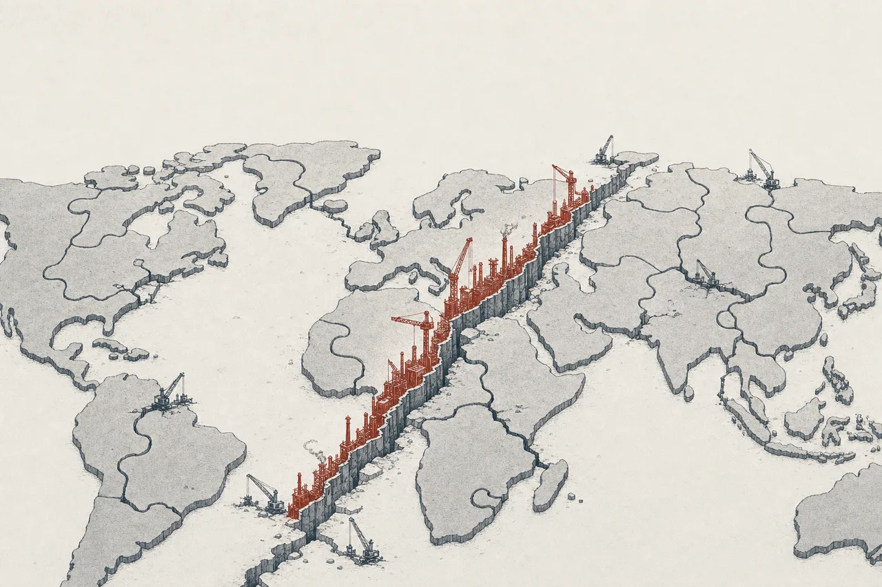 国境の線に沿ってばらばらに割れていく世界地図——その亀裂に沿って、まるで壁のように工業プラントが立ち上がっていく