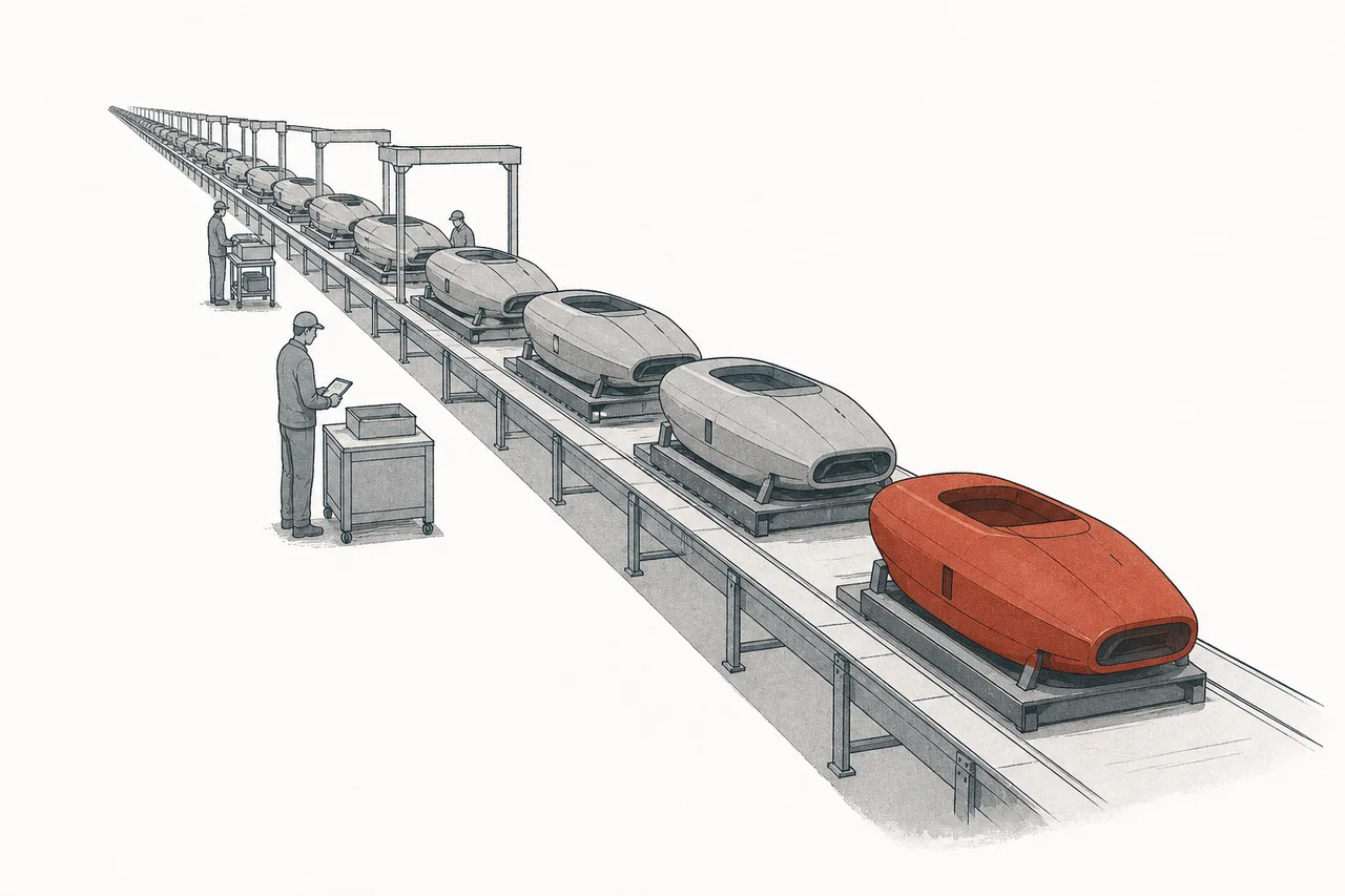 自動車工場のように長く延びる生産ラインの先端から、流線型の無人機が次々と出てきて何列にも並ぶ——大量生産の論理で兵器を作る様子