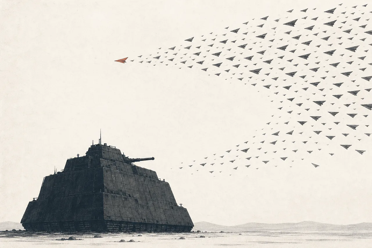 巨大な鉄の戦車が一台、画面の中央に動かず立っている。そのまわりを、数えきれないほど小さな紙のドローンの群れが取り囲んでいく——少数の高価な物が、大量の安い物に包囲される様子