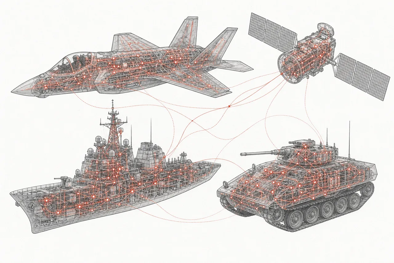 複数の軍用プラットフォームの断面図。内部に埋め込まれた電子回路、配線、センサーの点が神経系のように張りめぐらされている様子