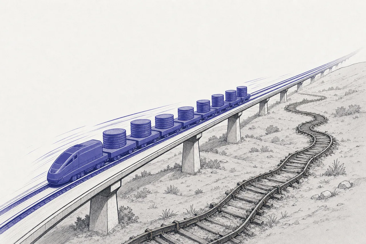 รางรถไฟดิจิทัลสายใหม่ที่เรียบและตรง วิ่งขนานไปกับรางเหล็กเก่าที่คดเคี้ยวและช้ากว่า โดยมีขบวนเงินวิ่งบนรางใหม่