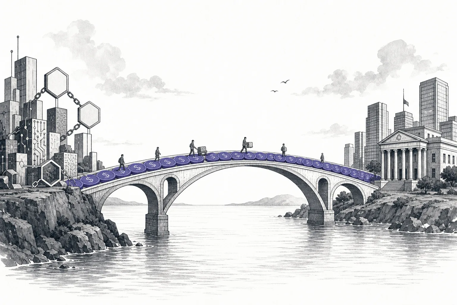 二つの岸をつなぐ橋。一方の岸はブロックと回路でできたクリプトの世界、もう一方の岸は銀行や金融の高層ビルが立つ伝統的な金融の世界。デジタルドルの硬貨が橋の床として横たわり、二つの世界を結んでいる