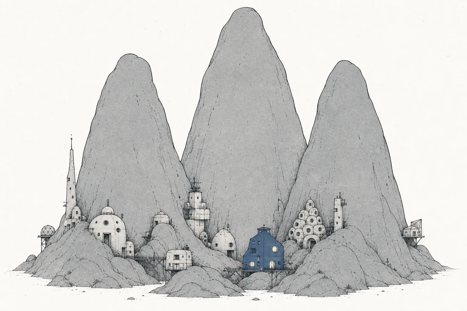 巨大な三つの山がビッグスリーを表して画面の真ん中にそびえ立つ。手前や谷あいには、大きな山の手が届かないすき間へよじ登り入り込んでいく、変わった形の小さな建物がいくつもあり、そのうちの一つは青く光っている