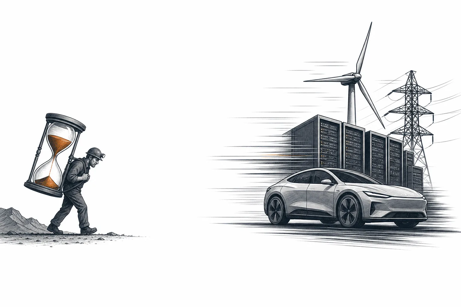 ฝูงเครื่องจักรยุคใหม่ รถ EV เซิร์ฟเวอร์ AI กังหันลม วิ่งพุ่งไปข้างหน้าอย่างรวดเร็ว ส่วนคนขุดเหมืองเดินตามหลังช้าๆ ถือนาฬิกาทรายเรืองสีทองแดง สื่อถึงดีมานด์ที่วิ่งเร็วกว่าอุปทาน