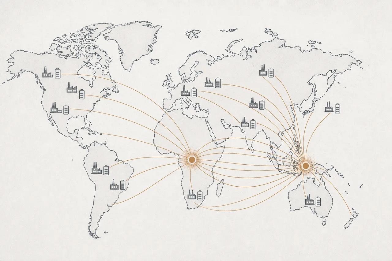 แผนที่โลกแบบเรียบง่าย มีลำแสงพุ่งจากเกาะอินโดนีเซียและจากแอฟริกากลาง ไปหล่อเลี้ยงโรงงานแบตเตอรี่ทั่วโลก สื่อว่าทั้งโลกพึ่งพาแร่จากไม่กี่จุด