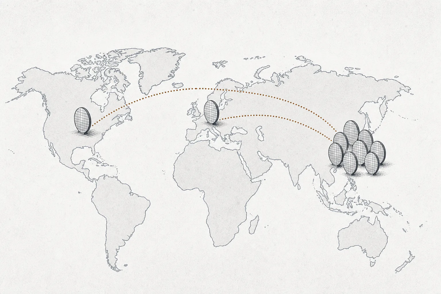 丸いシリコンの円盤が何枚も、シンプルな世界地図のうえで各地域に分かれて立っている。アジアに集中していたウエハーの生産拠点が、いくつもの大陸へ移っていくことを表している