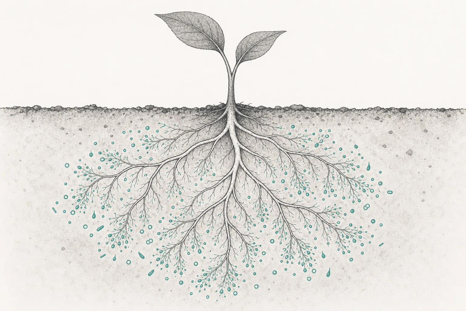 緑の作物の根が土の中へ伸びていき、根の周りに小さな微生物が光る点として描かれている。化学だけに頼らず生き物を使うことを表す、植物と協働する生物農薬や生物刺激剤を象徴している