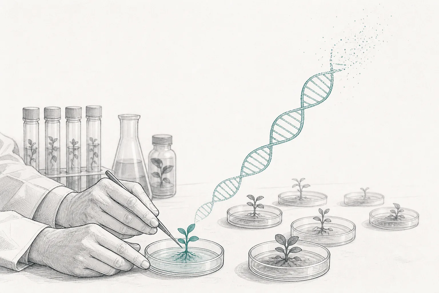 植物育種の研究室で、科学者が培養皿の中の小さな苗を観察している。遺伝子編集の象徴として、薄いDNAらせん構造が浮かんでおり、遺伝技術で丈夫な品種づくりを加速させる様子を表している