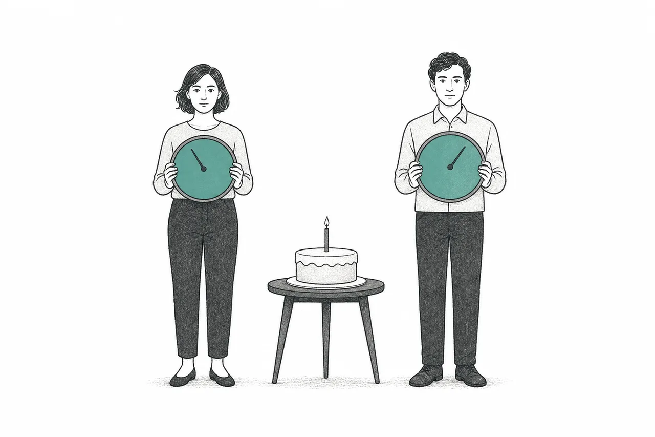 二人の人が並んで立ち、真ん中のケーキの上では誕生日が同じ。でも、それぞれが手にした時計は別々の時刻を指している