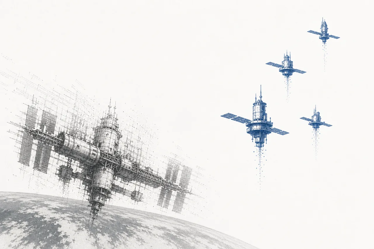 古びて傷んだ大きな宇宙ステーションが消えていき、入れ替わるように小さな民間ステーションが何機も浮かび上がってくる