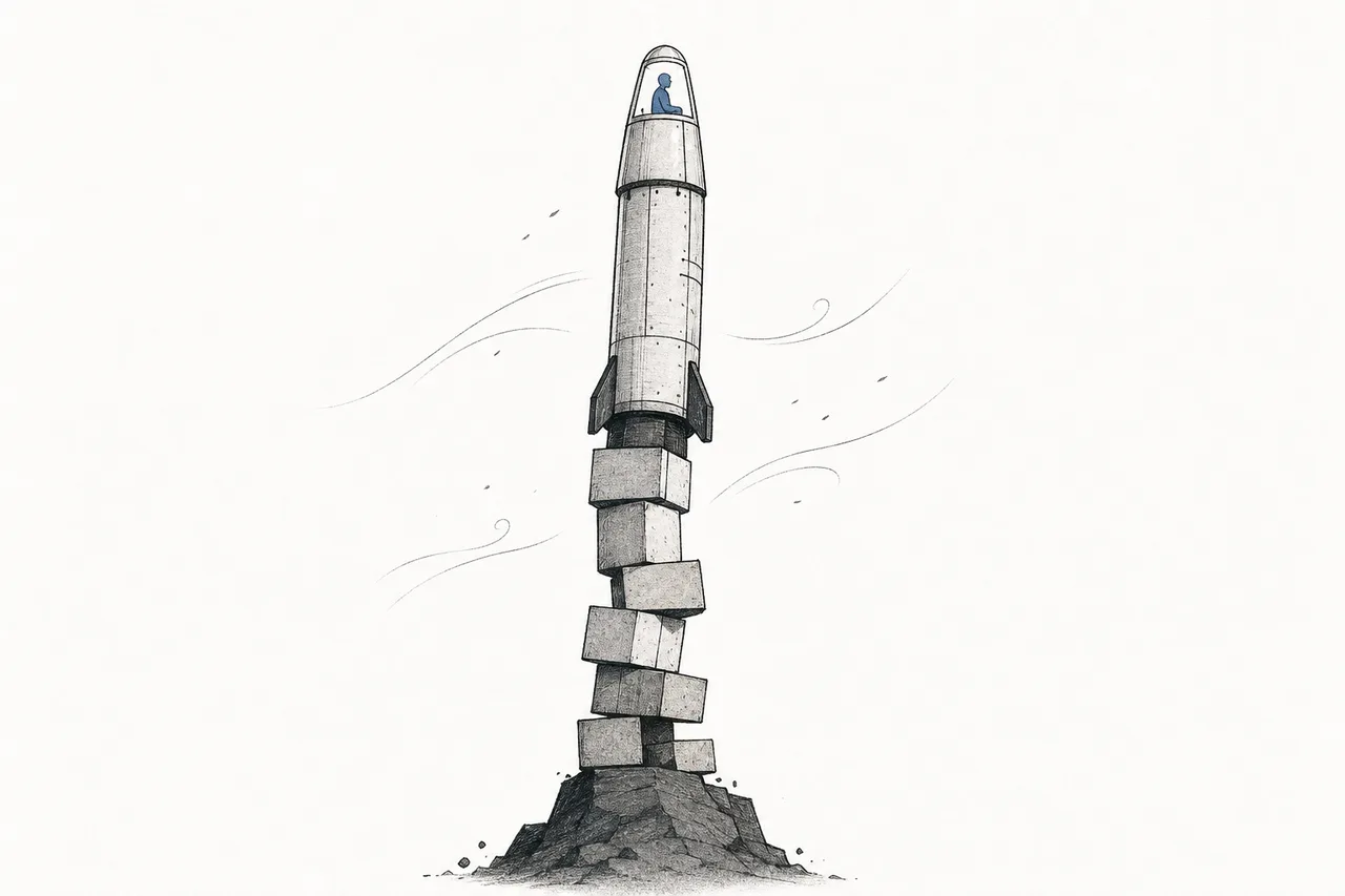 小さな宇宙チケットがロケットの先端に危うくバランスを取って乗っている。強い風がいまにも吹き落としそうで、安全リスクとビジネスのもろさを表している