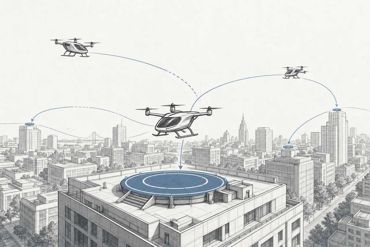上空から見た都市。小さな電動垂直離着陸機（eVTOL）がいくつも浮かび、屋上の離着陸場や、網の目のように引かれた飛行ルートとつながっている。