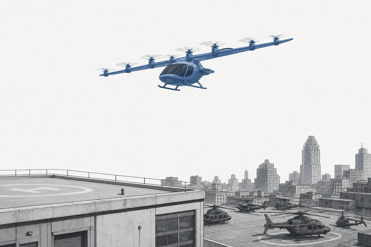 小さな電動の航空機が、いくつもの小型ローターを回しながら都市のビルの屋上から浮き上がっている。その下では旧式のヘリコプターの群れがじっと駐機している