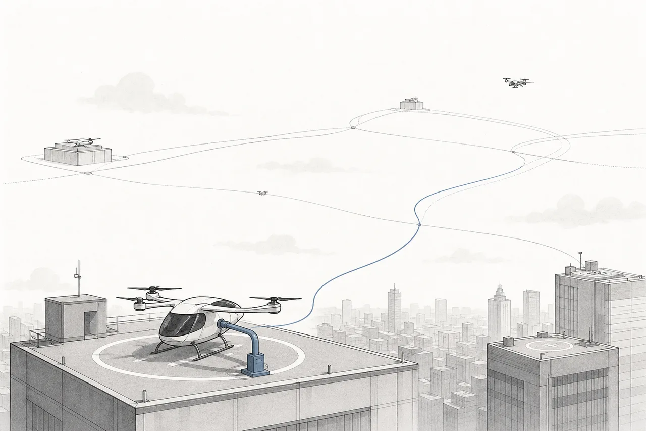都市の屋上にある航空機の発着場。充電ヘッドが電動航空機につながり、複数の発着場を細い空の経路が結んでいる