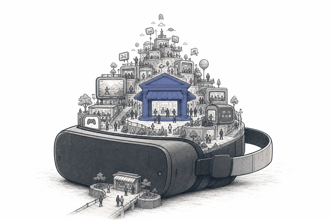แว่น VR หนึ่งตัวตั้งเด่นเป็นฐานราก มีร้านค้า เกม และแอปเล็กๆ เติบโตงอกขึ้นมาจากตัวมันเหมือนเมืองบนเกาะ