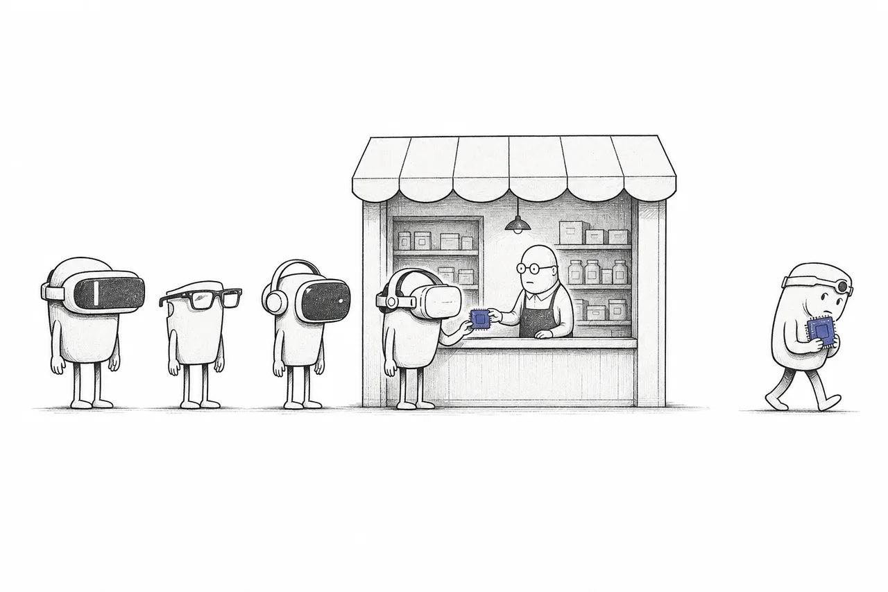 町なかにある一軒だけの部品店。グラスやヘッドセットを作る何社もの客が、同じ店にチップを買いに列をなしている