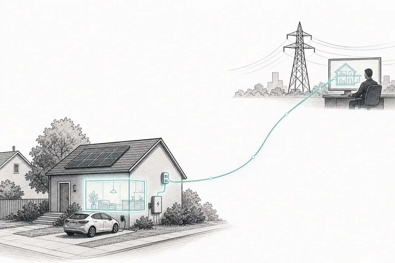 ソーラー・EV・バッテリーのある家から、光るデータの線がスマートメーターを通って電力網へと立ちのぼり、その家がグリッドに見えはじめている
