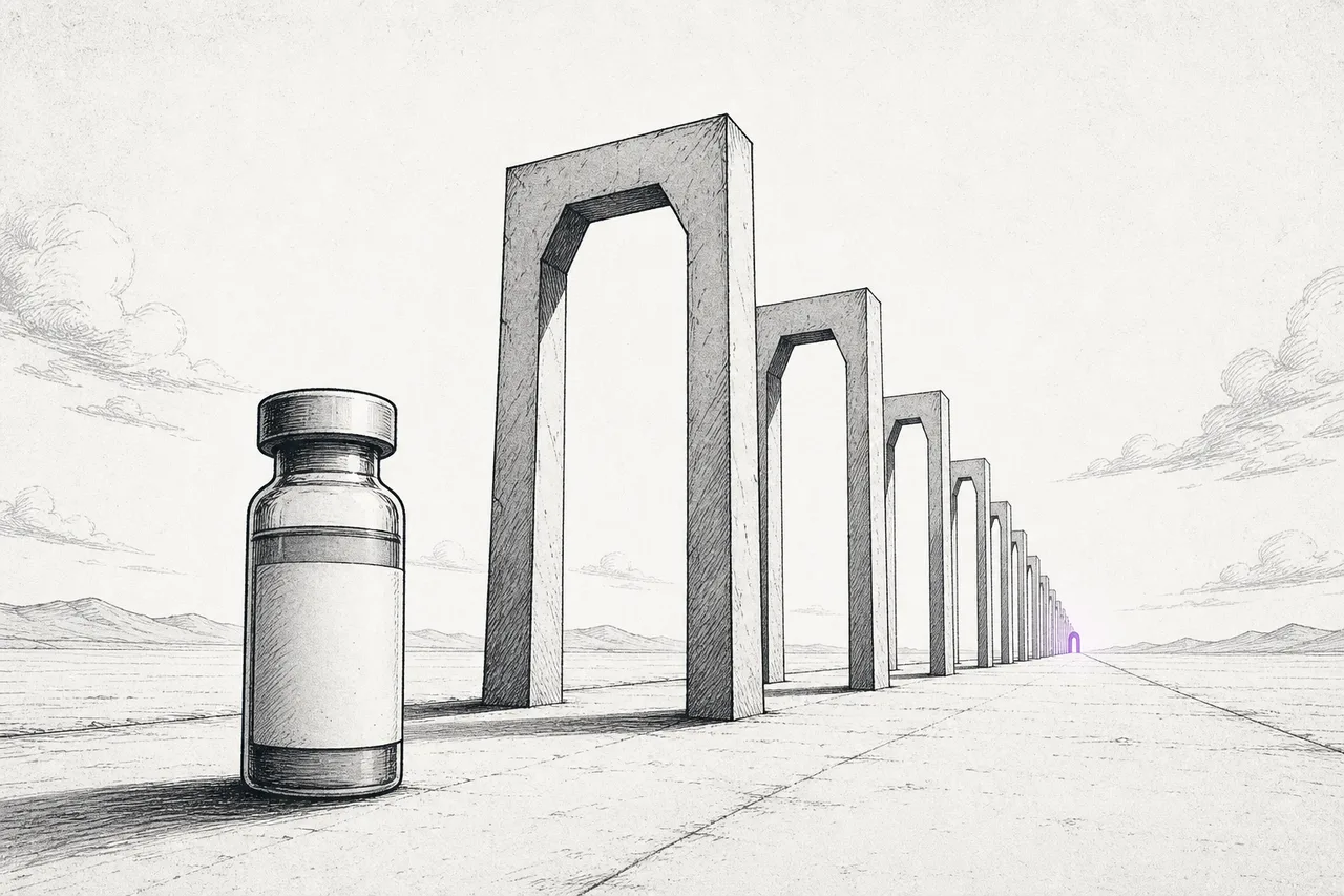 象徴的なたとえの絵。試験中の薬の瓶が、高くて狭い何重もの関門のゲートをくぐり抜けていく様子で、薬がなお規制当局の審査を通らなければならない道のりを表している